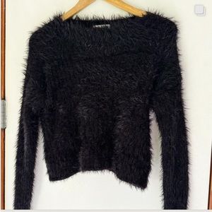 Urban Outfitters UO 90s style fuzzy eyelash ribbed long sleeve black sweater